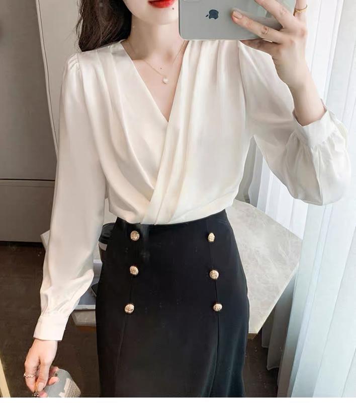 Áo sơ mi lụa, sơ mi nữ xếp li cổ chéo thiết kế điệu đà phong cách công sở nữ tính chất lụa mềm mịn A108 Top Women Shirt