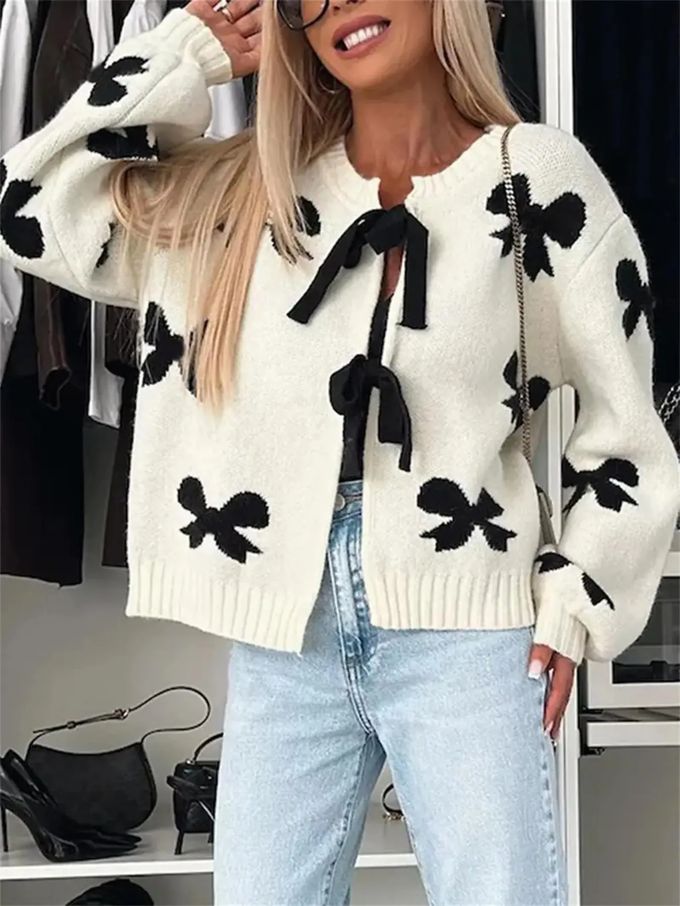 Women's Colorblock Bow Print Tie Front Sweater Cardigan, Casual Drop Shoulder Long Sleeve Cardigan, Women Knitwear for Fall & Winter Valentine's Day, gift