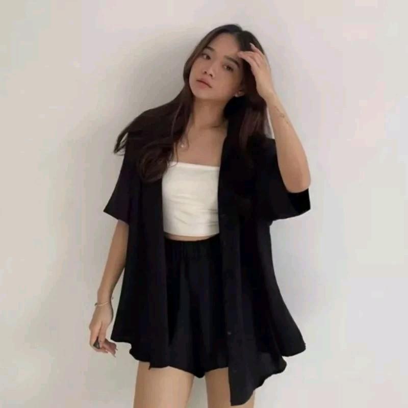 Kora One Set  Celana Hotpants | Setelan  Wanita Crinkle Airflow | Atasan Kerah Kantong Full Kancing Celana Full Karet 6