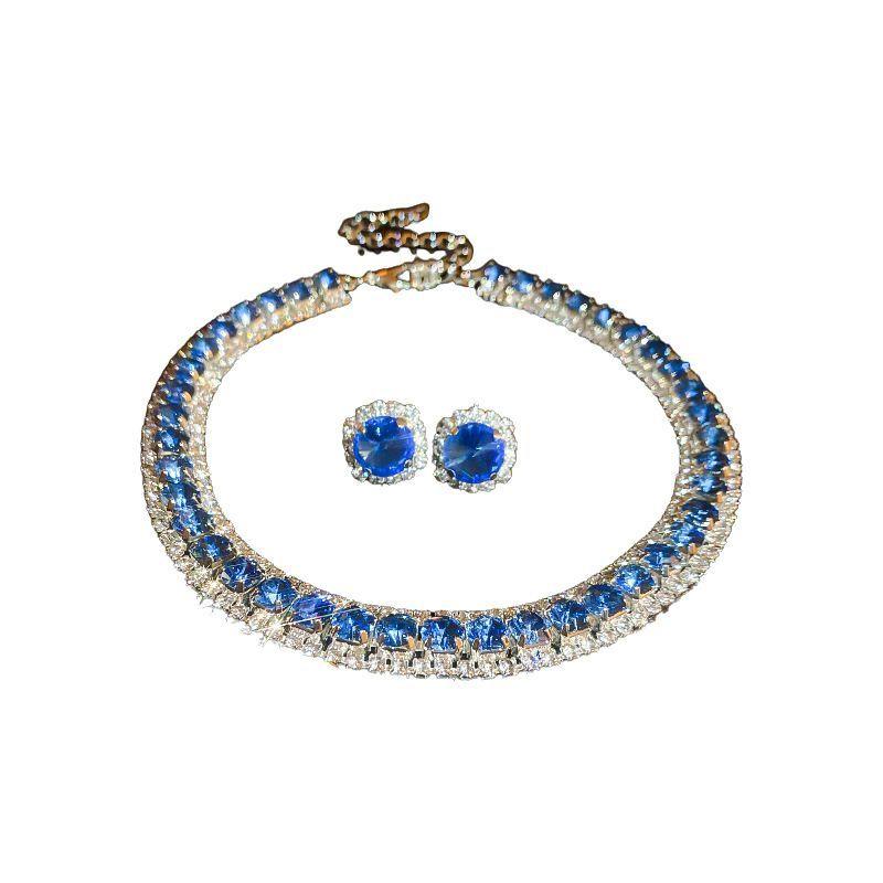 Blue Diamond Necklace Earrings Light Luxury Choker Necklace Clavicle Chain Women's High-Grade Dress Wedding Dinner Accessories 5
