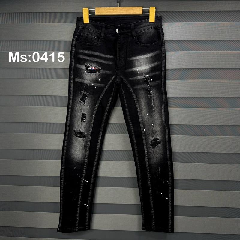 Mẫu quần jean nam dài 2 đáy Dsqq, đen wash viền, phun sơn, rách lót, chất liệu vải Cotton Co Giãn tốt 4c Pants Menswear Có Túi