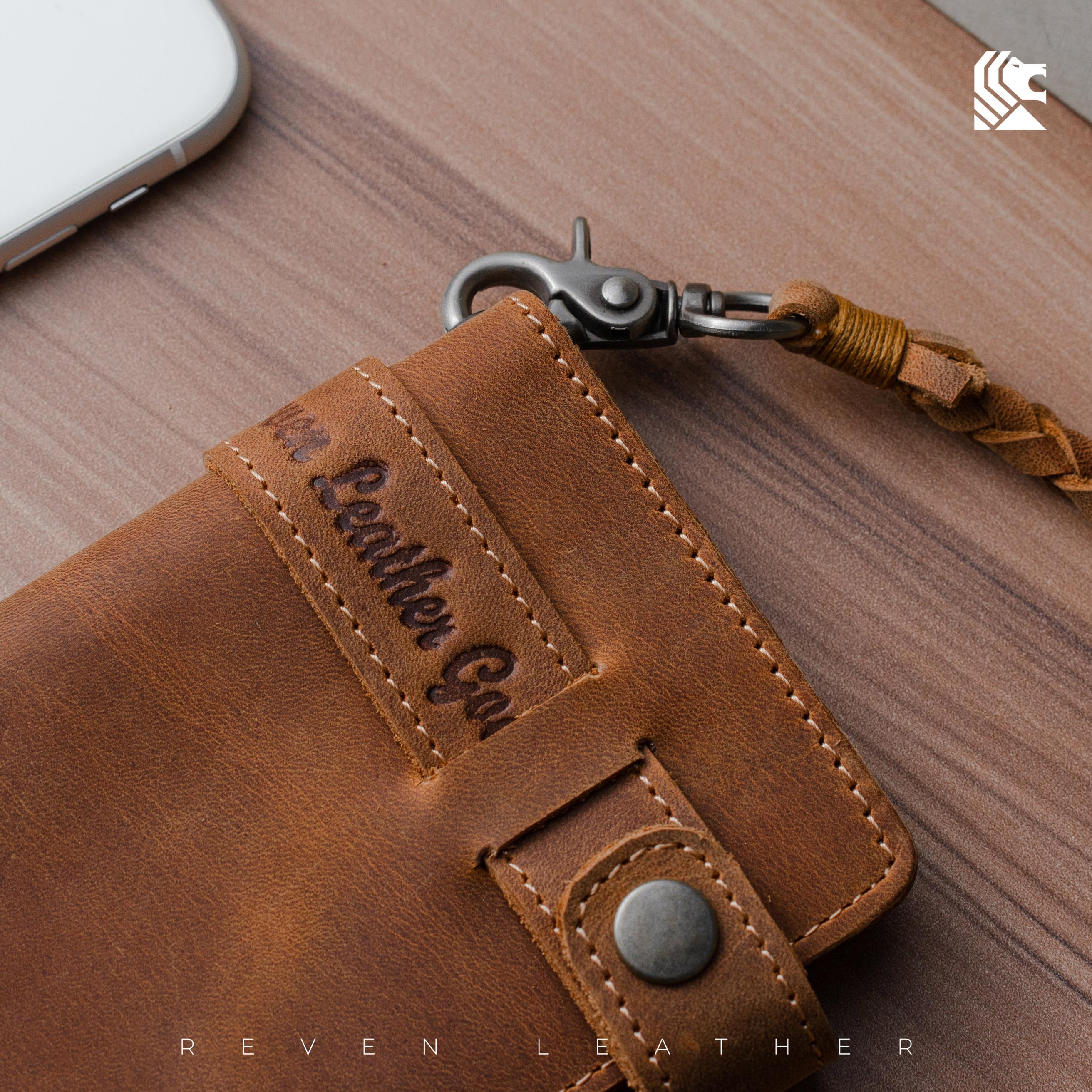 REVEN Bontage Dompet Panjang Lipat 2 Pria Kulit Asli Crazy Horse Klasik Keren Total 9 Slot Ruang Koin Resleting Kancing Klip Pouch HP Rantai Pengaman Untuk Motoran Gaya Cowok