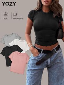 YOZY 4 Counts Women's Solid Lettuce Trim Round Neck Tee, Casual Short Sleeve Crew Neck T-Shirt for Summer, Fashion Basic Women's Top for Daily Wear