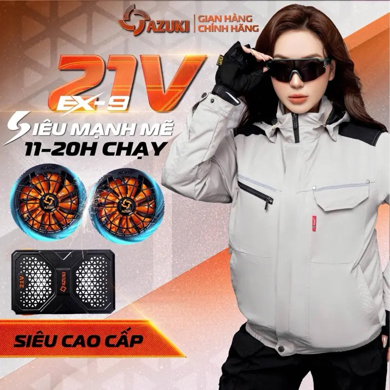 (Siêu phẩm EX9) Áo điều hoà Azuki Pin 25.500mah, quạt 21V siêu mạnh, chạy được 12-24h liên tục. Sạc nhanh chỉ 5 tiếng (Bảo hành 1 năm, tặng kèm đá khô)