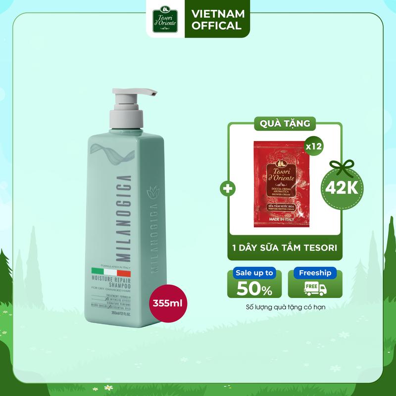 [TẶNG 12 GÓI SỮA TẮM TESORI 9ML] Dầu Gội , Dầu Xả hương nước hoa Milanogica 355ml Phục hồi hư tổn, Giảm gàu sạch ngứa da đầu