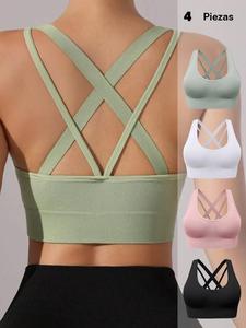 Brasier deportivo para mujer con tirantes cruzados, acolchado, de color sólido, transpirable y cómodo, ropa deportiva para damas para uso interior y exterior