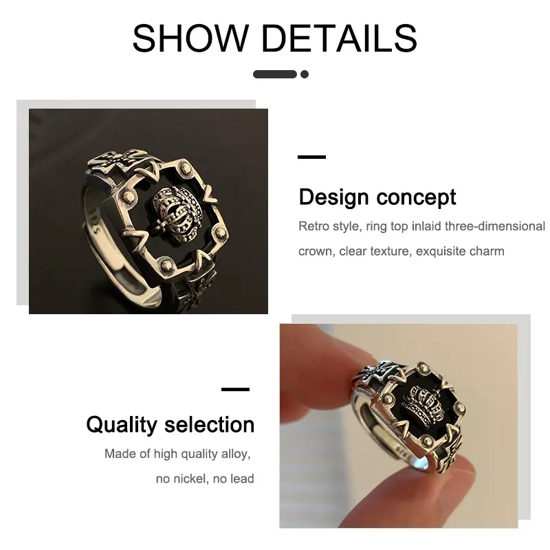 【zhamus】Retro Thai-silver Crown Open Ring Hip Hop Dark Ring Women Fashion Cross Index Finger Ring 5
