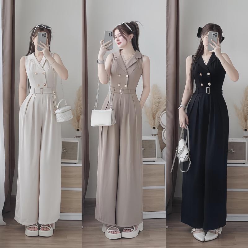  Jum quần nữ ống rộng cổ chữ V đính nút  Có Túi  với tone 3 màu xinh xắn dành cho các nàng diện đi tiệc đi chơi Nữ Women 