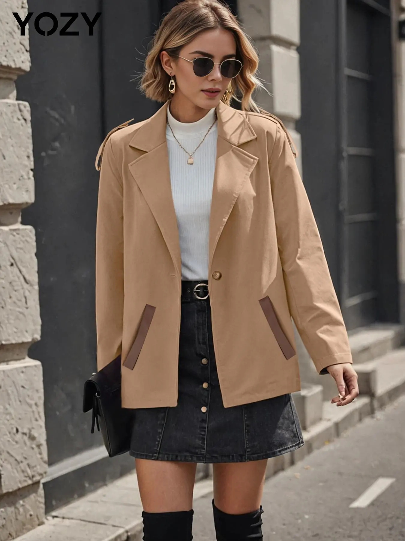 YOZY Women's Solid Button Front Lapel Trench Coat, Casual Long Sleeve Pocket Coat for Fall & Winter, Women's Clothing for Daily Wear