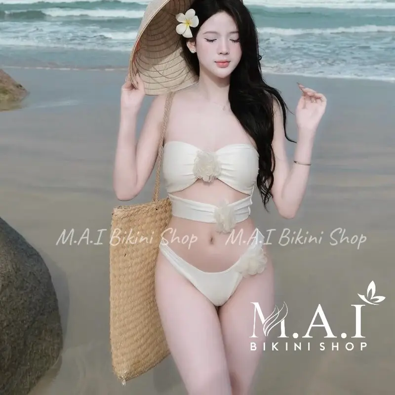 MAI BIKINI • Sét Bikini Đi Biển Áo Quây Trắng Đính 3 Hoa Cho Nữ