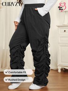 CURVZY Plus Size Solid Ruched Drawstring Straight Leg Pants, Casual Pocket Trousers for Women, Women's Bottoms for Spring & Fall