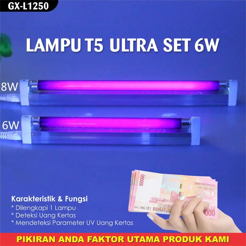 LAMPU UV MONEY DETECTOR GAXINDO TL T5 SET ULTRAVIOLET 6/8 WATT MODEL L1250 ALAT PENDETEKSI UANG 1