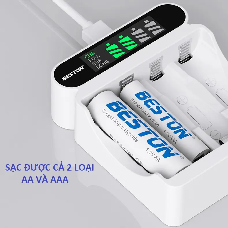 Bộ 4 pin AA 3300 mAh kèm Sạc Beston C9023L dùng cho micro, đồng hồ Sạc nhanh tự ngắt Màn hình LCD Sạc Điện Thoại 3