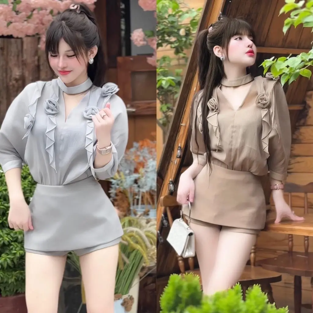 Set áo tơ thiết kế tay lỡ đính dây bông hoa nổi xinh xắn kèm chân váy có lót quần