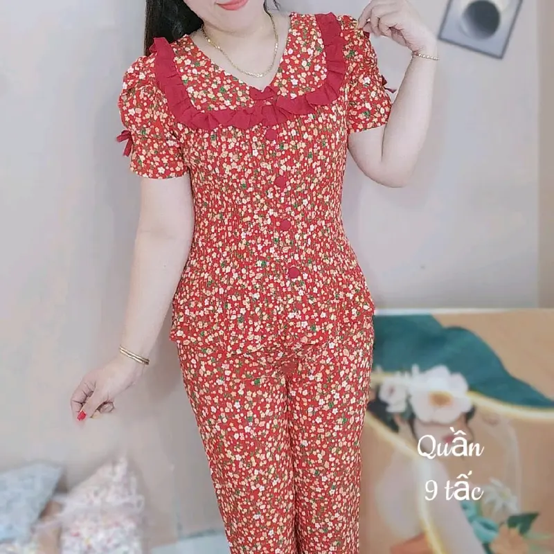 (M6Quần 8 tấc)Đồ bộ nữ áo dập ly tay búp phồng vải lụa hàn nhiều họa tiết Voi ngủ thư tiểu pizamanu 5