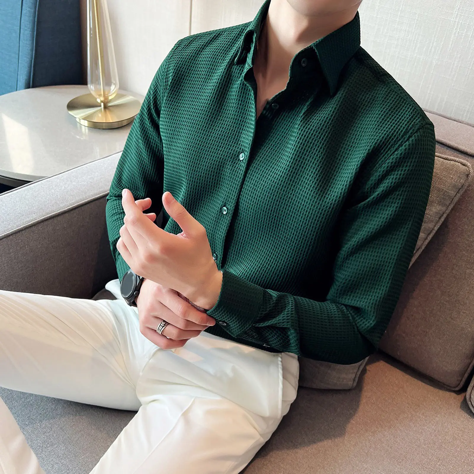aHnitvang-Men Spring Fall Shirt Frence Style Turn-down Collar Slim Fit Waffle Texture Single-breasted Long Sleeves Pure Color Mid Length Young Formal Business Event Office Top