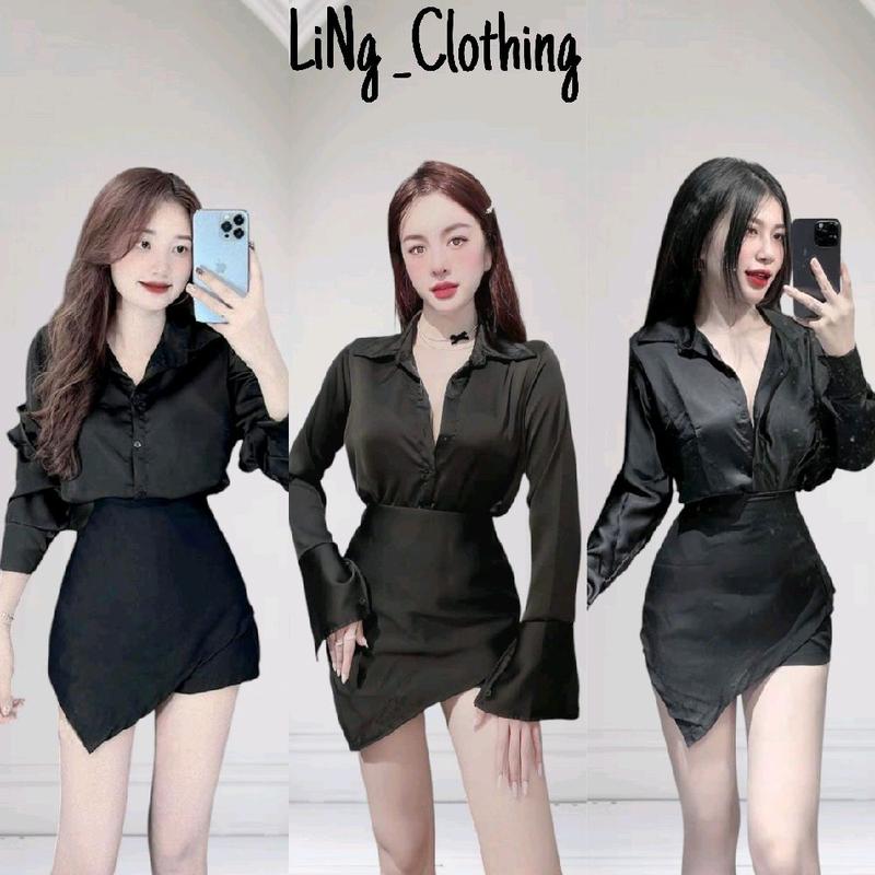 Set Áo Sơmi Satin Lụa Phối Chân Váy Quần Đắp Chéo