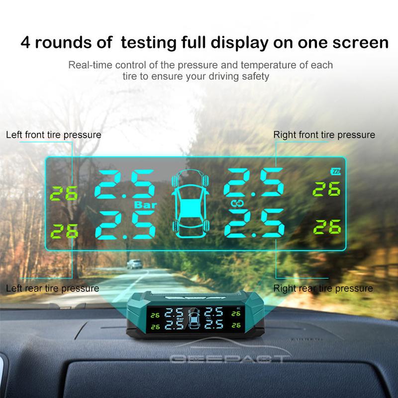 Product Introduction of 【24-hour shipping+free shipping+COD】TPMS Universal Tire Pressure Alarm Monitoring System Car Tire Pressure Monitoring System Solar Panel USB Charging Smart Car with 4 External Sensors Real-time LCD Display 36
