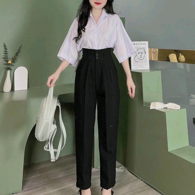 Quần tây nữ lưng cao đi học làm cạp bản to có đai đáy cao màu Đen dáng quần vải baggy học sinh cạp cao đi học công sở 2