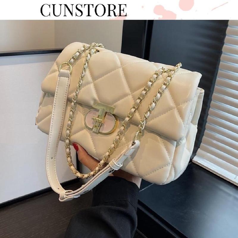 Túi Xách Nữ Size 24cm da siêu dày mềm Trần trám khoá xoay T Đeo Chéo Đeo Vai Bag Tote Women Kem (Dây màu vàng) TDC066