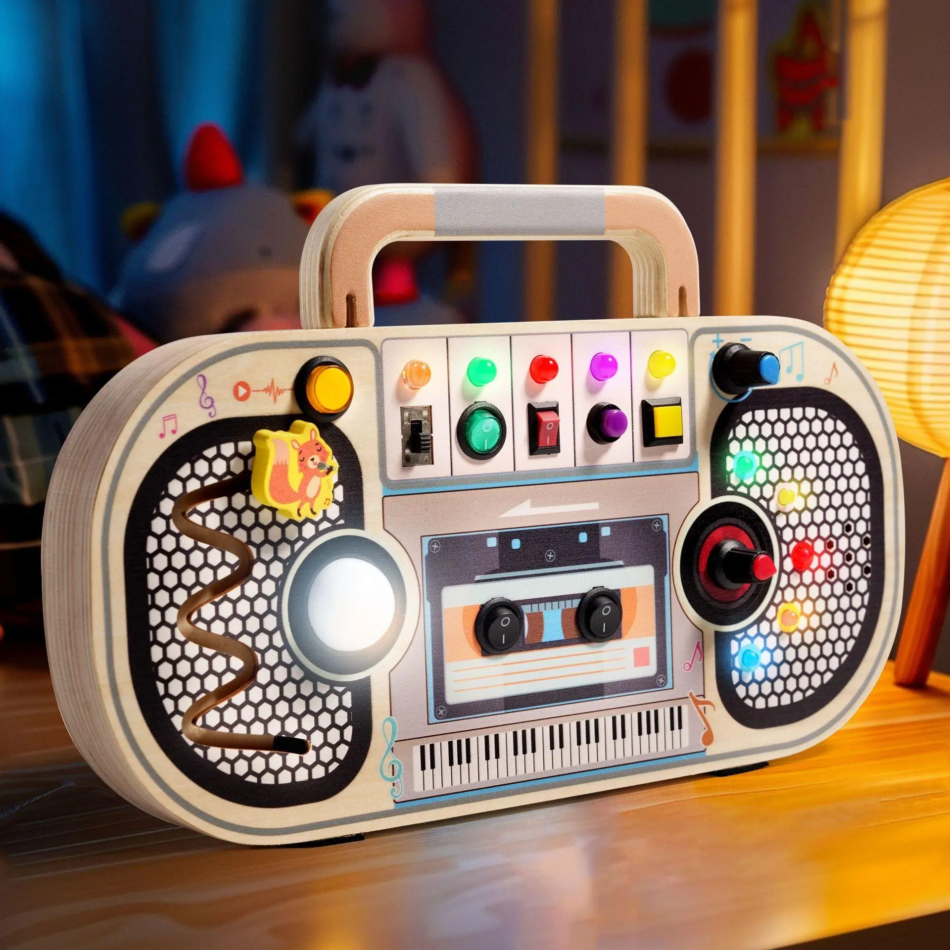 Wooden Cassette Player Toy, 5-button Music Switch Toy, Sensory Toy with 7 LED Lights, Educational Toy for Boys & Girls