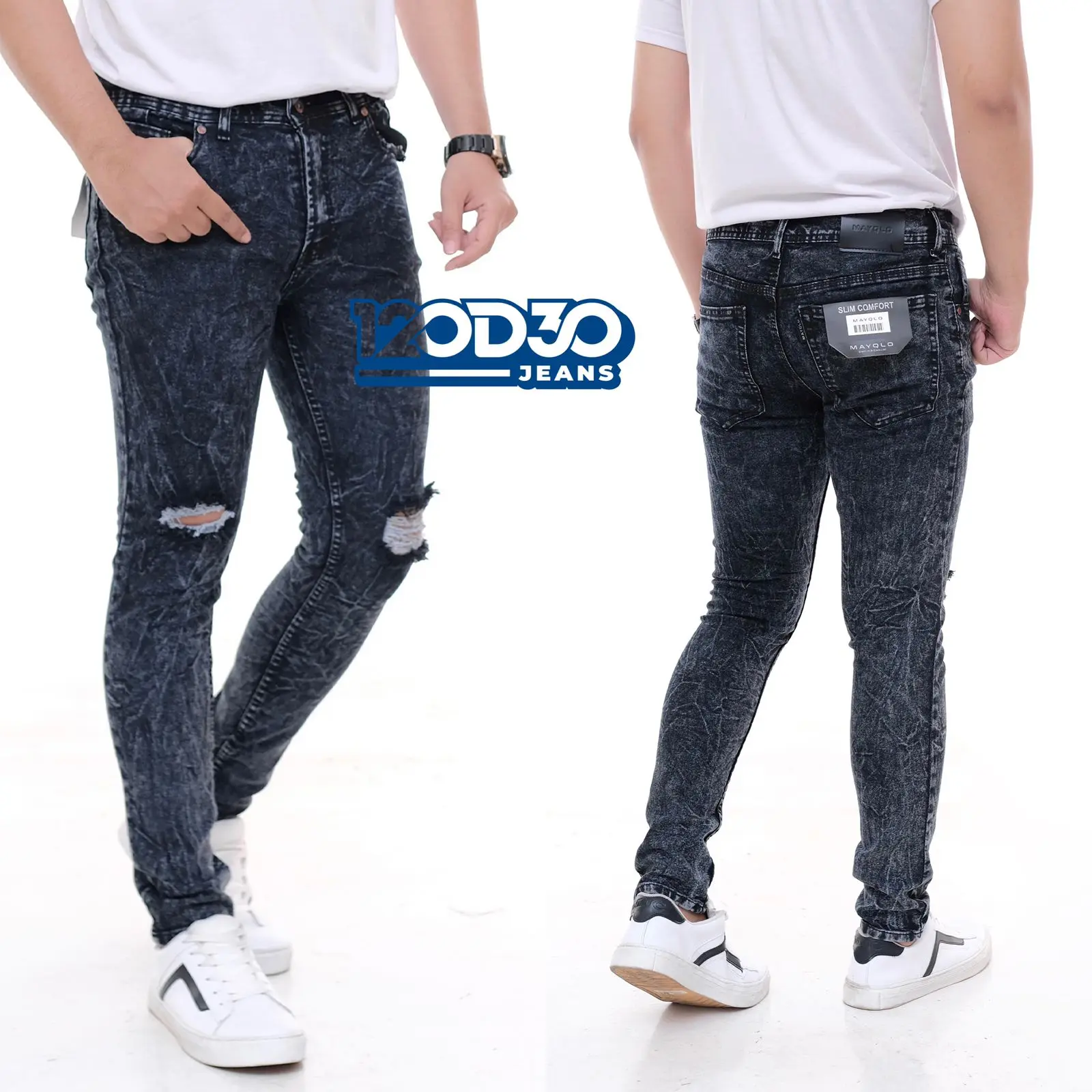 CELANA JEANS PRIA SOBEK LUTUT SNOW GREY DAN SNOW HITAM RIPPED