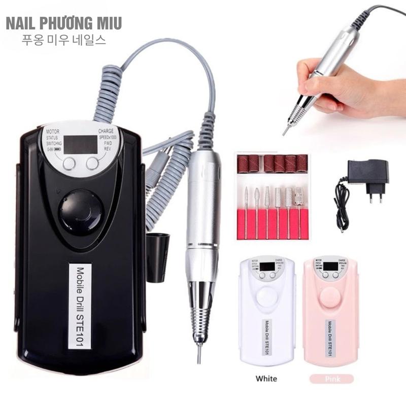 Máy Mài Móng Tích Điện STE-101 Màu Đen Hồng Tặng Kèm 6 Đầu Mài Làm Nail Siêu Êm Màn Hình LED Nút Xoay Mobile Drill STE101 Pin Khỏe Đến 10h Tốc Độ Cao 30.000 Vòng phút