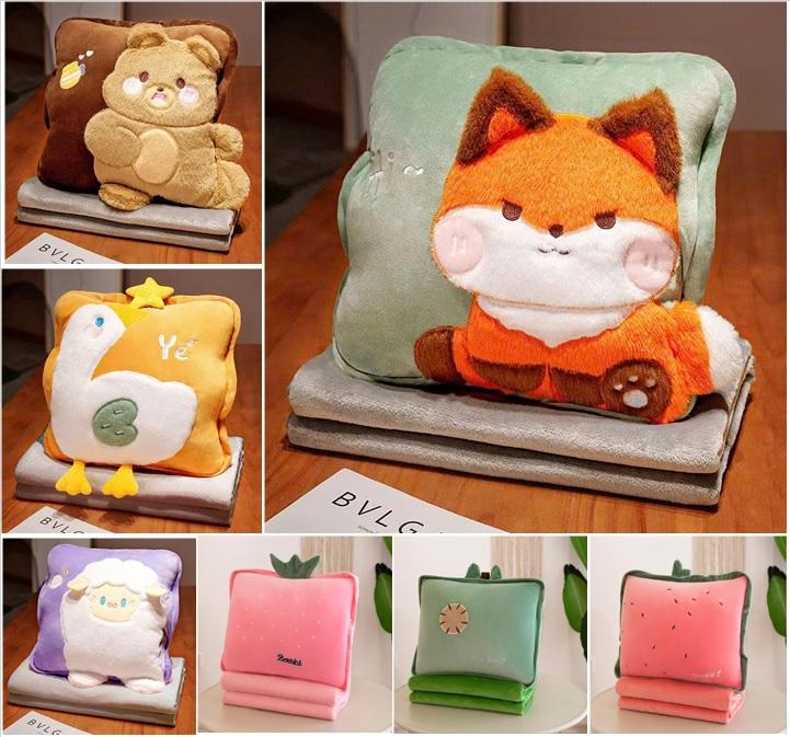 Gối vuông tròn kèm chăn Chăn gối văn phòng gối kèm mền gối có mền bên trong hình thú 3 hình hoa quả cho bé học bán trú ngủ trưa văn phòng ngủ và tựa lưng trên xe ô tô du lịch giã ngoại tiện lợi.