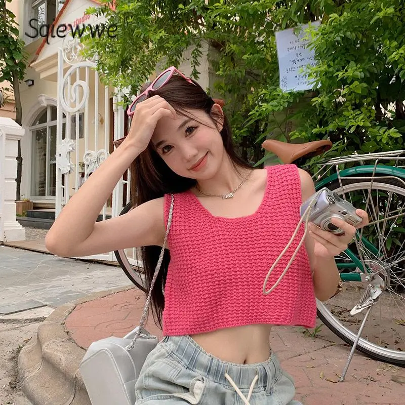 Women's Crochet Knit Tank Tops Casual Loose Fitting Round Neck Sleeveless Showing Navel Solid Color Shirt for Summer