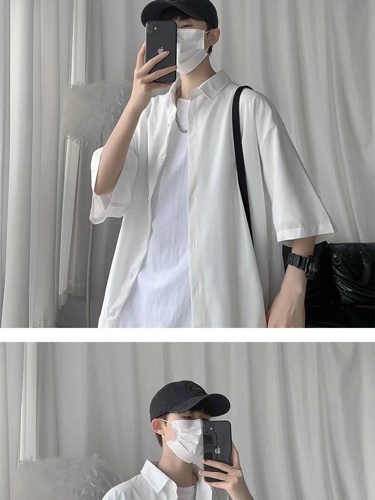 Product Introduction of Shirt Men's Short-Sleeved Summer Ice Silk Thin Men's Shirt Ins Hong Kong Style Ruan Handsome Solid Color All-Match Fashion Brand Top Clothes 6