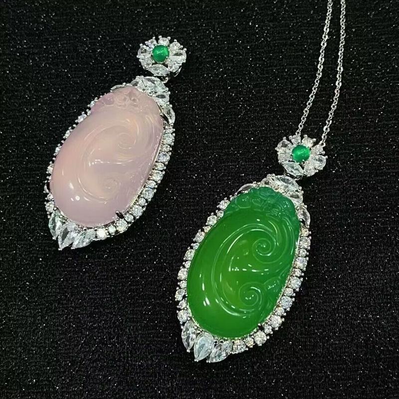 Product Introduction of Silver-plated inlaid agate white chalcedony ruyi pendant green agate female jade necklace pendant 6
