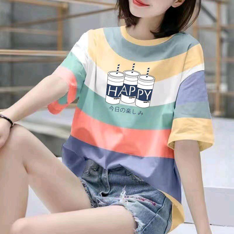 Áo phông cổ tròn Kẻ sọc dể thương T38-T37 Top Nữ Nữ Top Women Women 1