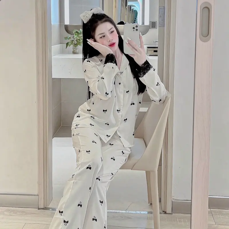 Đồ bộ pijama mặc nhà nữ  La tin phối ren Tay dài Áo Ngủ Nữ Áo Nhung 2