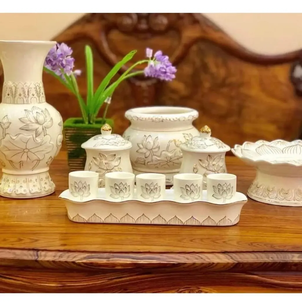Bộ đồ thờ cúng lư hương bát nhang bình hoa đĩ trái cây bộ ánh chung ly đại bi chung nước muỗi gạo bạch ngọc