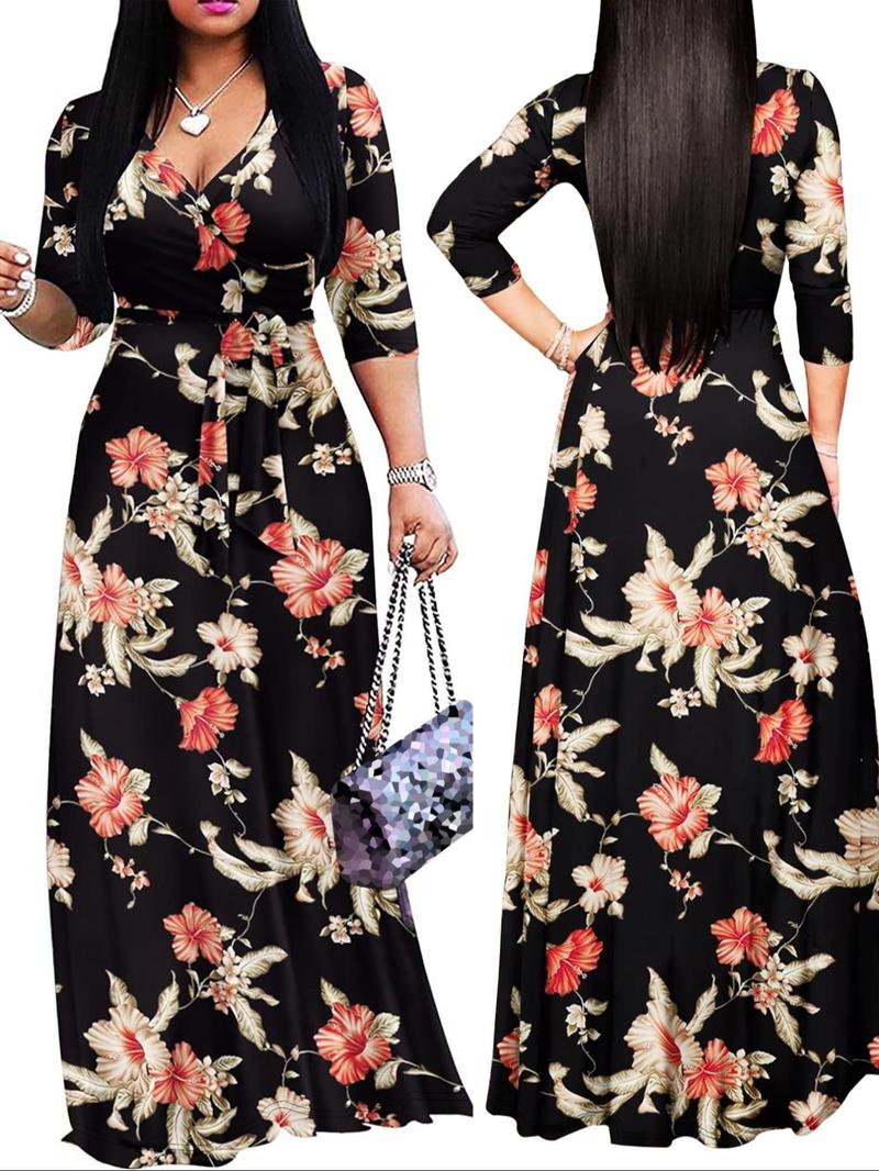Product Introduction of Women's Floral Print Belted V Neck Dress, Elegant Dress for Party Holiday Wedding Guest, Ladies Clothes for All Seasons 3