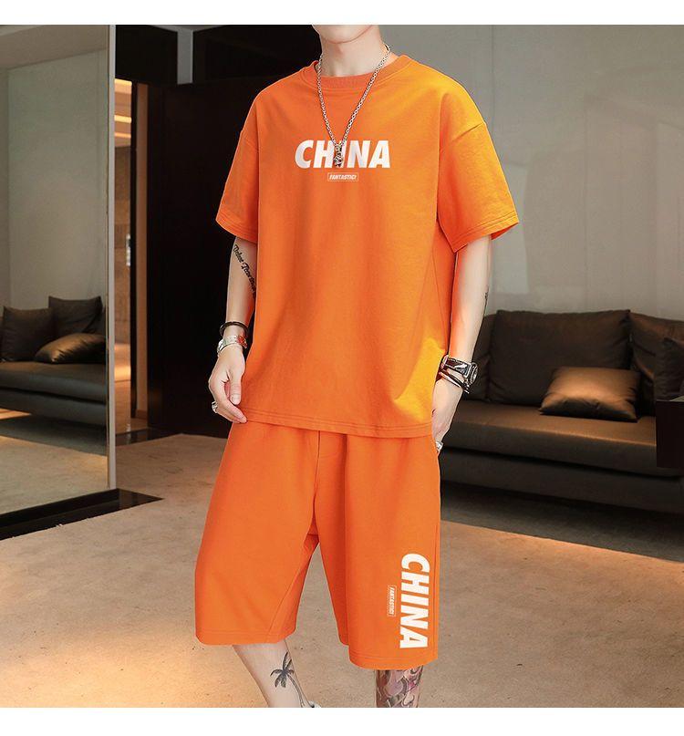Product Introduction of Summer New Trendy Hong Kong Style Simple Letter Printing Leisure Sports Suit Green Student Short Sleeve Shorts Two Pieces Suit Menswear Overalls Lingerie Formal 1