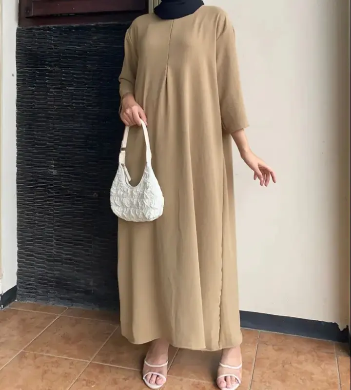 Daster Gamis Crinkle Airflow PB 130cm Lengann Panjang Wanita Dress Knitted Beige Muslim