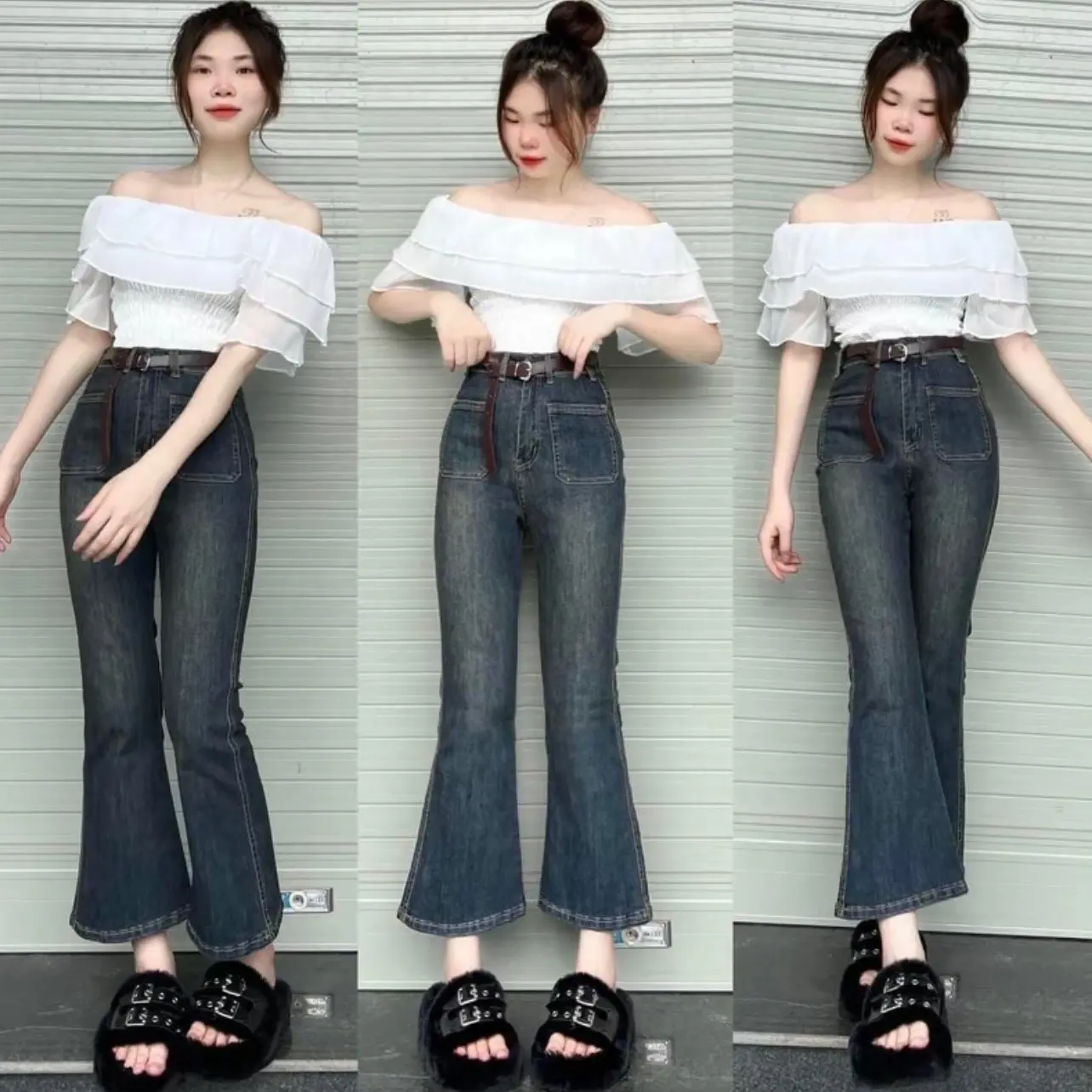 Quần jeans loe túi dán mài đùi cạp cao co dãn 4 chiều màu sắc mới lạ hách dáng siêu xinh
