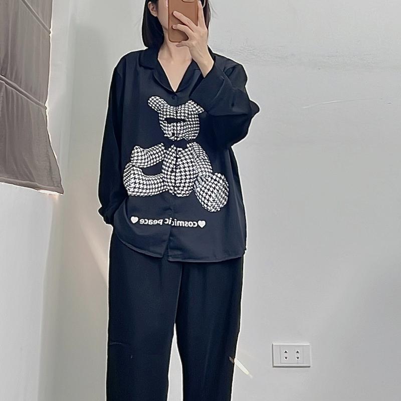 Bộ Pijama Bigsize gấu kẻ ca rô tay dài mặc nhà dành cho nữ, mẹ bầu từ 60kg - 90kg.