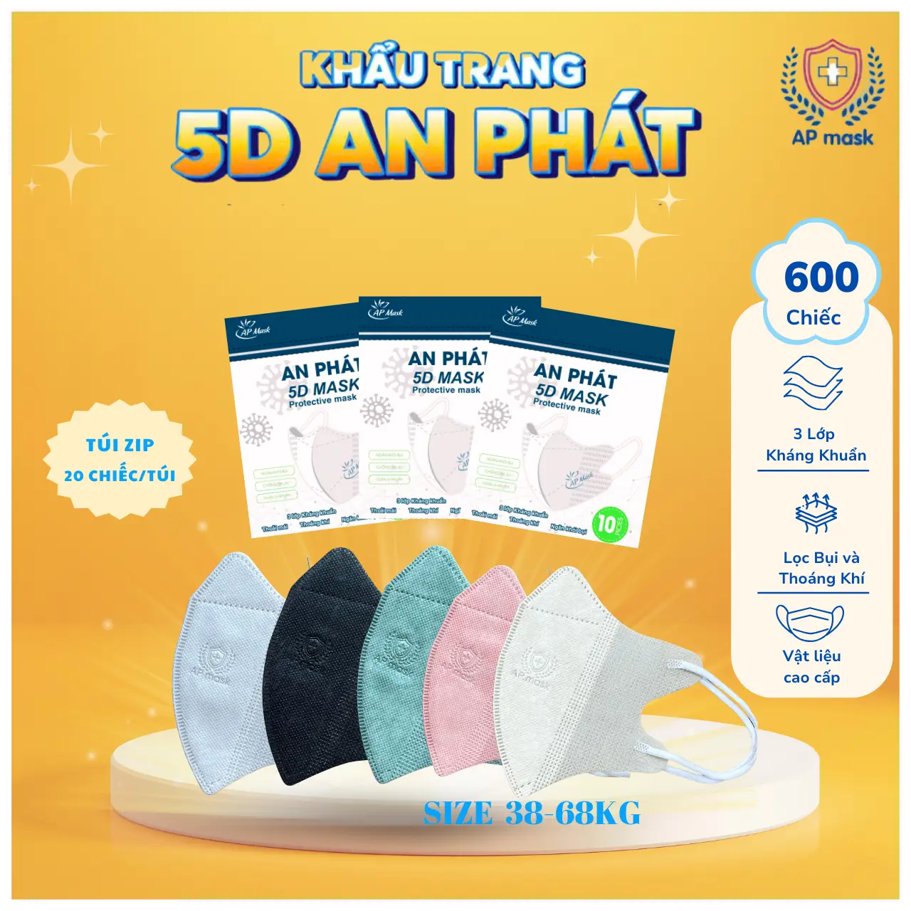 Thùng 600 chiếc khẩu trang 5D AN PHÁT, 3 lớp kháng khuẩn,ngăn ngừa khói bụi, thời trang nam nữ Phụ Kiện Women Accessories Voi Móc Khoá Khuyên Tai