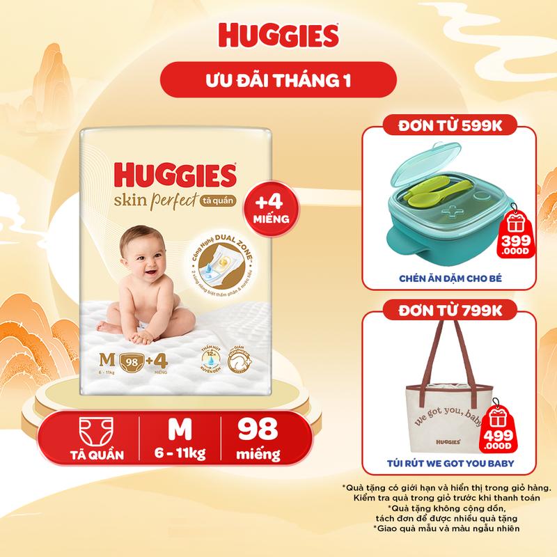 Tã quần Huggies Skin Perfect Mega Jumbo với 2 vùng thấm giảm kích ứng da Size M 98+4/L 88+4/XL 72+4/XXL 64+4
