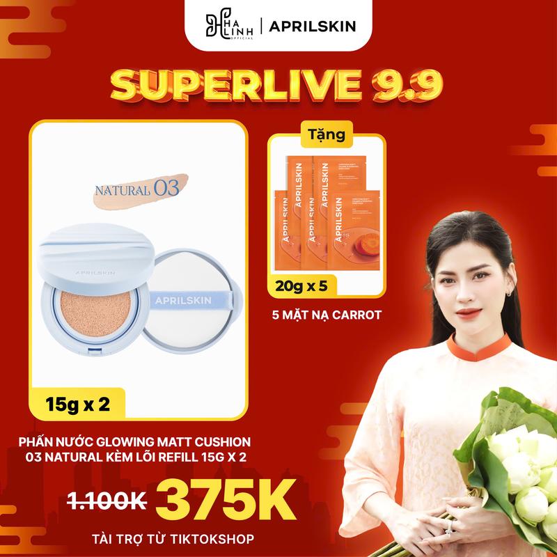 [Võ Hà Linh x APRILSKIN] Phấn Nước Glowing Matt Cushion 15g*2 (kèm lõi refill) 03 Natural + Tặng 5 mặt nạ carot 20gx5