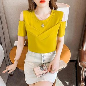 ด้านบนแขนสั้นออกจากไหล่สั้นสำหรับผู้หญิงในฤดูร้อนเสื้อยืดครึ่งคอครึ่งแขน