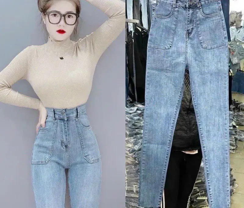 Quần jean nữ lưng cao vừa túi vuông dáng ôm chất co giản dễ mặc - Women's Pants Denim Khuy 2