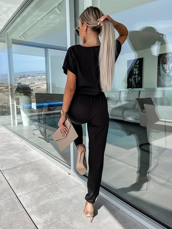 Women's Solid Belted Jumpsuit, Elegant Batwing Sleeve Pocket Jumpsuit for Summer, Fashion Women's Clothes for Daily Wear 5