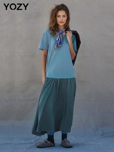 YOZY Women's Patchwork Plicated Dress with Scarf, Casual Short Sleeve V Neck Dress for Summer, Ladies Clothes for Daily Wear