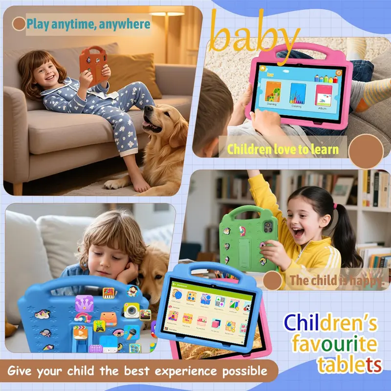 Android Tablet, Usb Rechargeable 10.1 Inch Screen Portable Tablet with Protective Case, Compact Learning Tablet, Children's Gift, Parental Control Tablet, Wireless 8