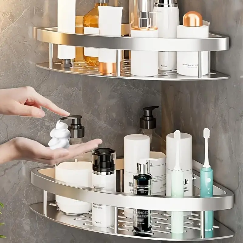 Wall Mounted Bathroom Storage Rack, 1 Count Space Saving Corner Storage Rack, Bathroom Storage Organizer, Home Organizer for Bathroom, Kitchen, Living Room 5