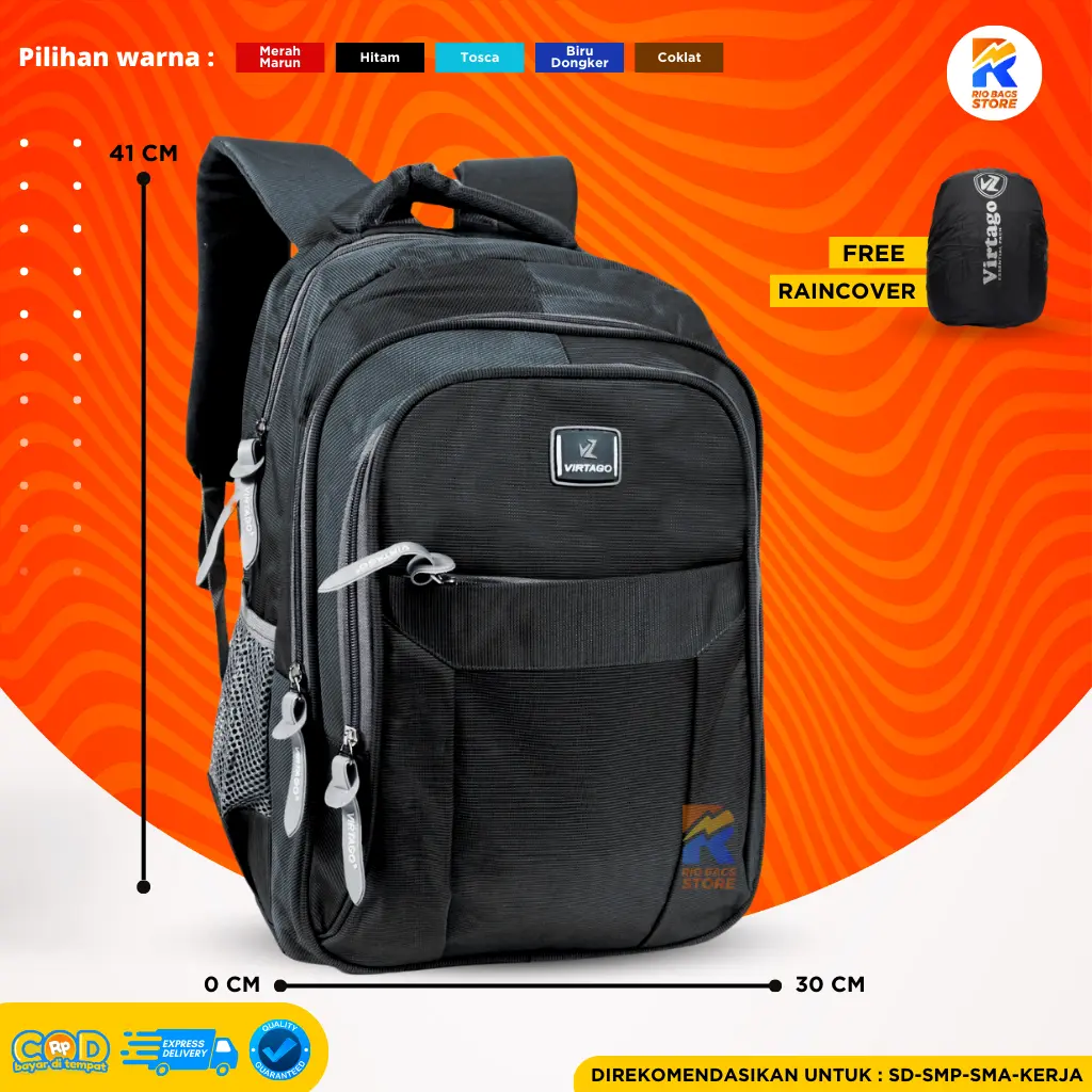 Tas Ransel Virtago/Tas Sekolah SD-SMP-SMA/Tas Laptop Untuk Kerja Unisex Smp Hitam tas  gendong
