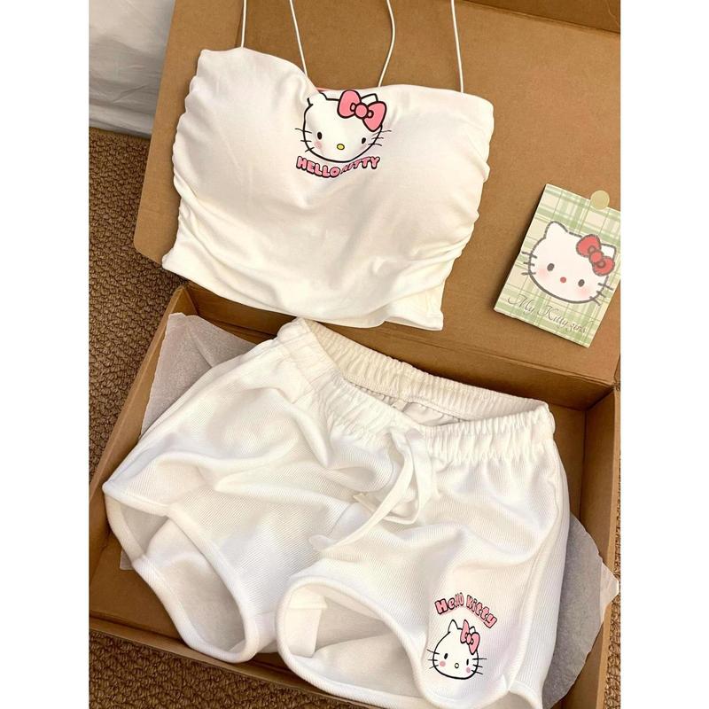 Đồ Ngủ Hai Dây In Hình Hello Kitty, Dễ Thương, Có Đệm Ngực, Bộ Đồ Cho Nữ, Hàng Mới Về Mùa Hè, Phổ Biến Trên Internet, Quần Đùi Ôm Sát, Thích Hợp Mặc Nhà 1